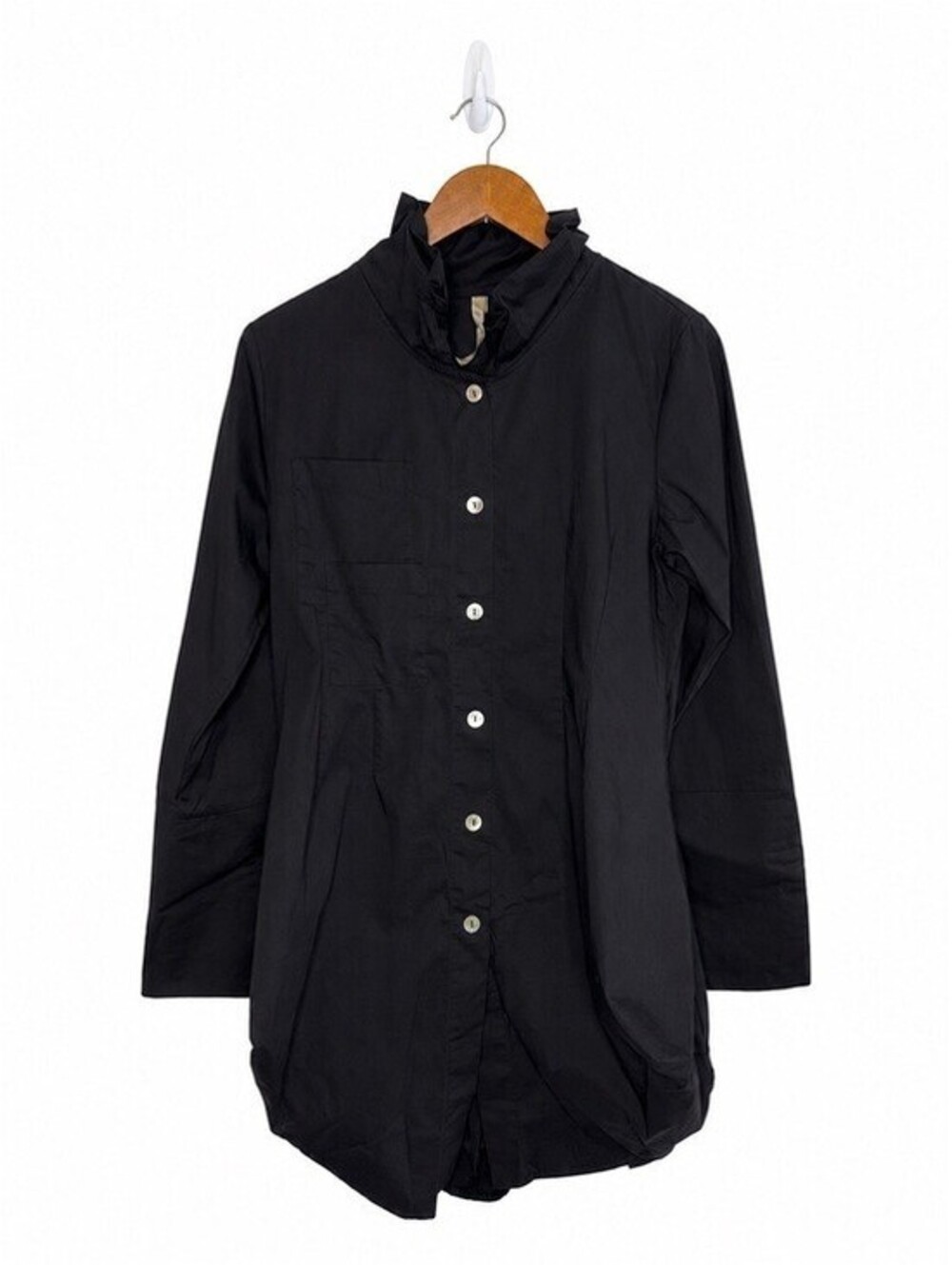 Comfy USA Black Ruffle Collar Button Front Tunic Top Bubble Hem Small